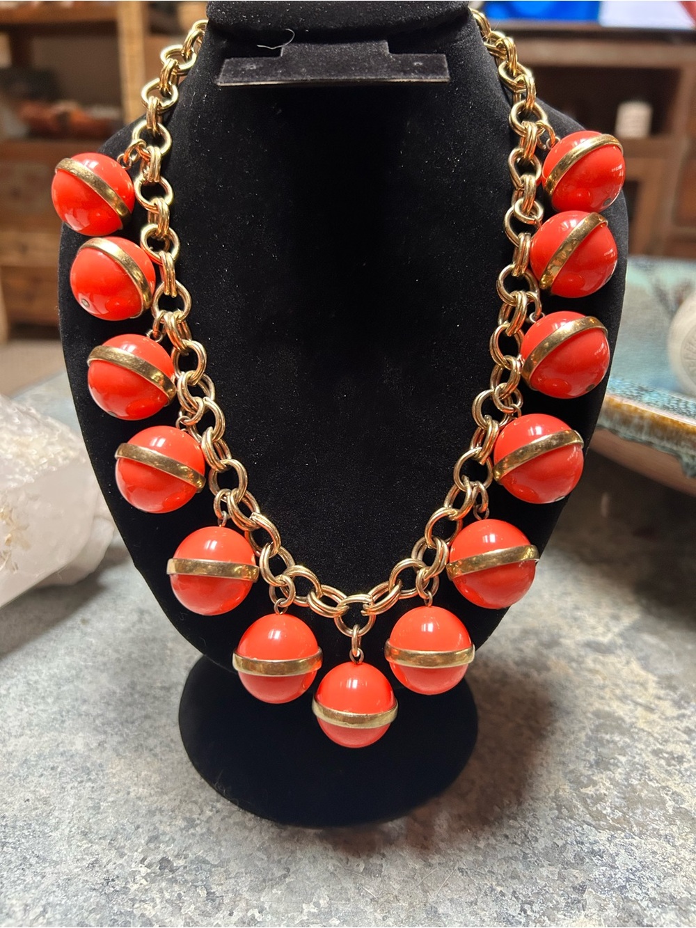 J. Crew Gold-Tone Chain Statement Necklace with Bright Coral Spheres